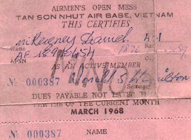 Membership Card, Tan 
Son Nhut Enlisted Club